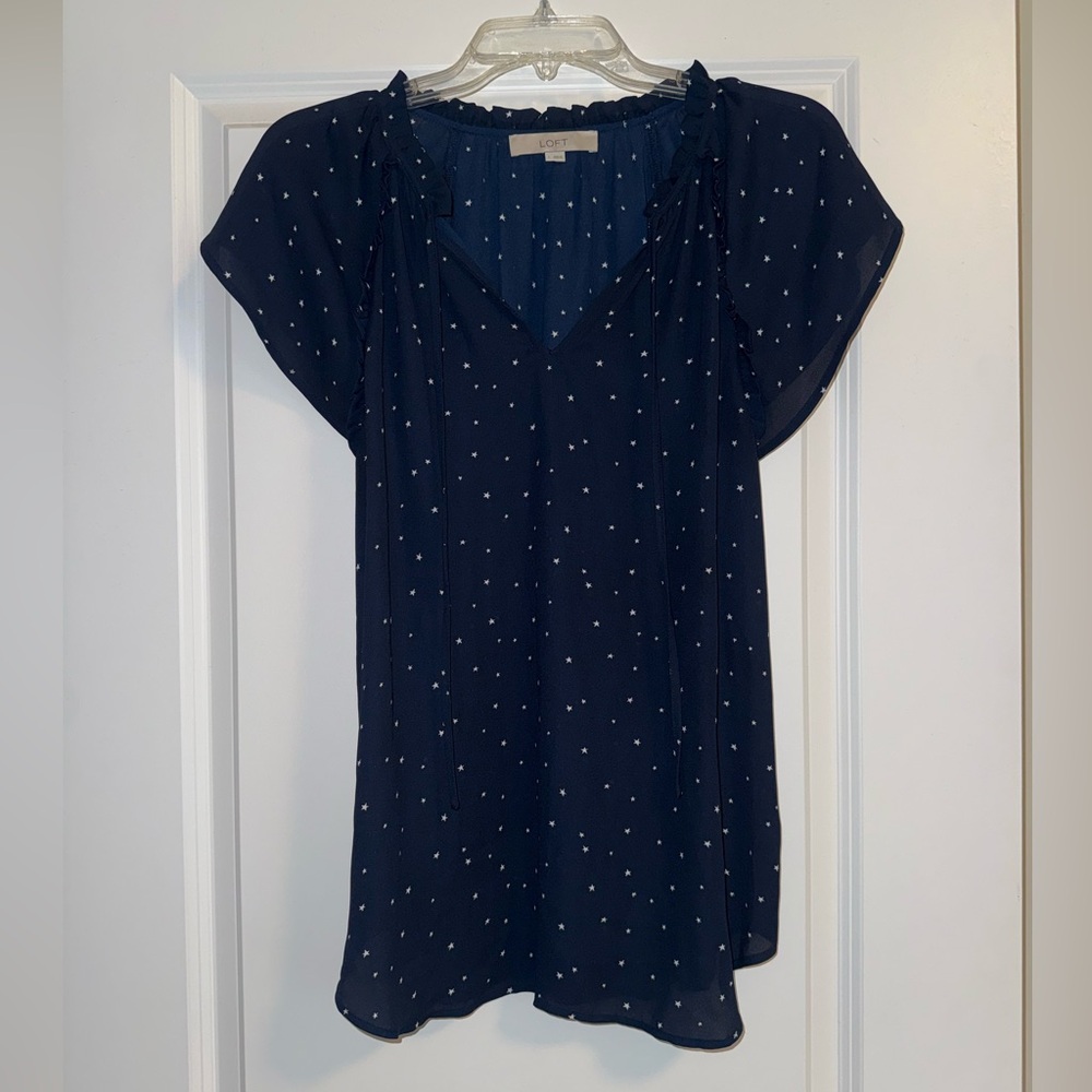 LOFT Navy Blue Flutter Sleeve Star Print Blouse - Size L